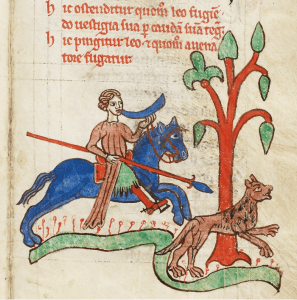 Illumination of a hunter chasing a lion in Kongelige biblioteket, GKS 3466 8°, f. 8r. Reproduced with the kind permission of the Royal Danish Library.