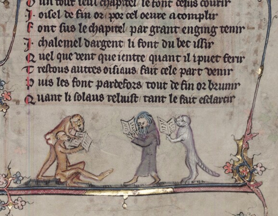 The bottom of a folio from a fourteenth-century manuscript with a monk and monkeys reading books below the text