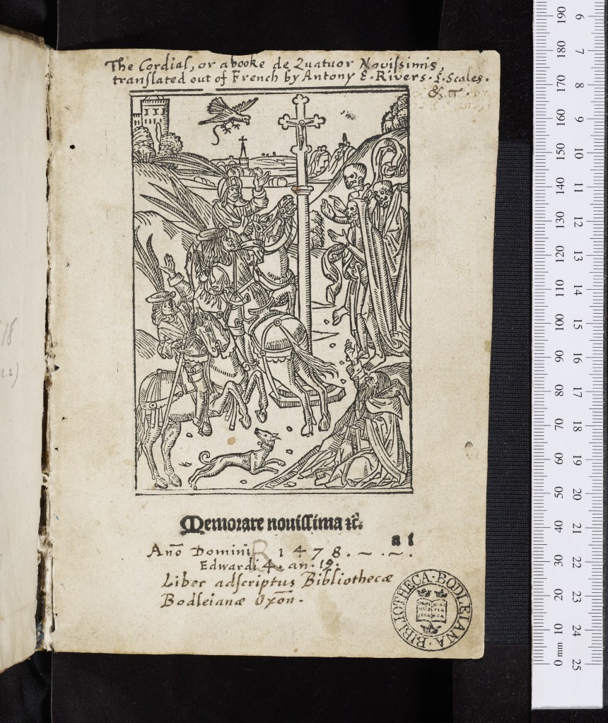 The title page for Bodleian Library, Arch. G e.2. A woodcut illustration shows three men on horseback confronting three skeletons.