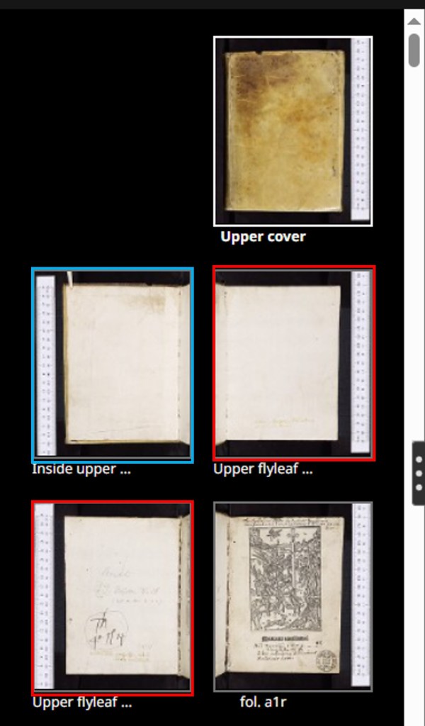 A screenshot of the Digital Bodleian navigation pane for the first five photos of Bodleian Library Arch. G e.2. A blue box highlights the upper pastedown and two red boxes highlight the front free endpaper. 