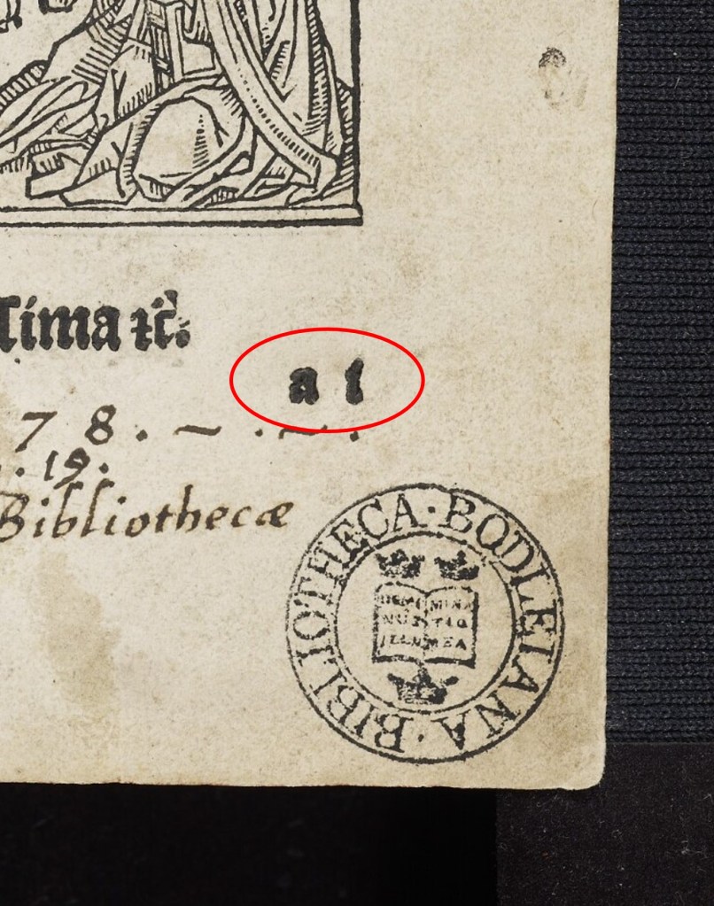 A detail from Bodleian Library, Arch. G e.2, sig. a1r showing the printed signature on the title page (ai).