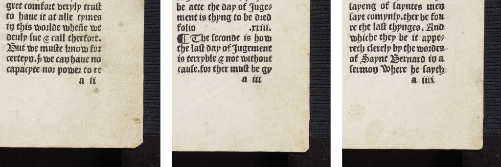 Details of the lower right-hand corners of sigs. a2r, a3r, and a4r from Bodleian Library, Arch. G e.2, highlighting the printed signatures aii, aiii, and aiiii.
