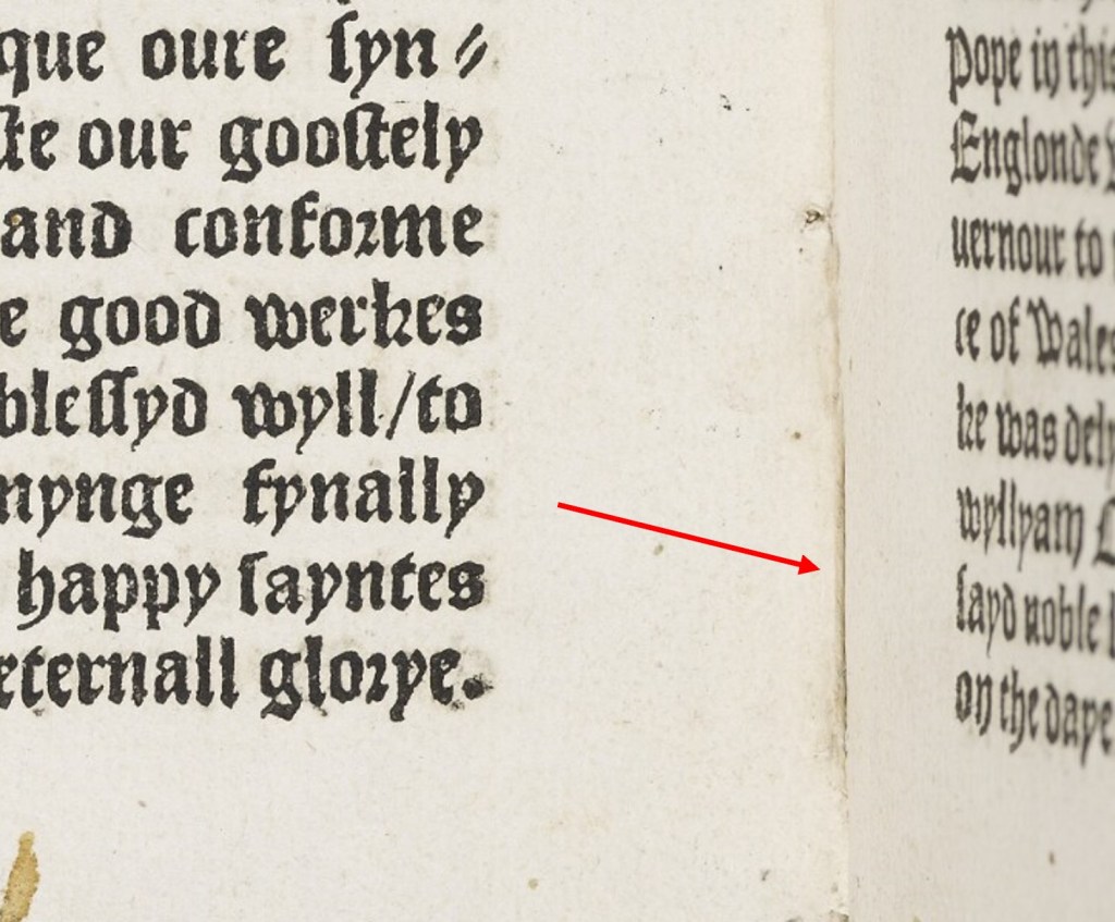 Details of the gutter of Bodleian Library, Arch. G e.2, sig. m3v, where stitching is visible. 