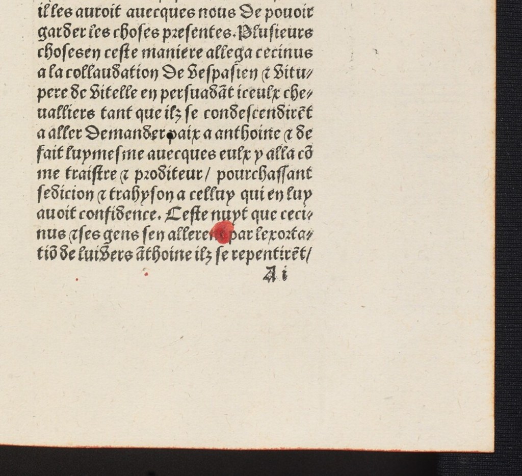 A detail of Bodleian Library Auct. 2Q 2.29 sig. A1r to show the printed signature (A i). A small red stain appears nearby.