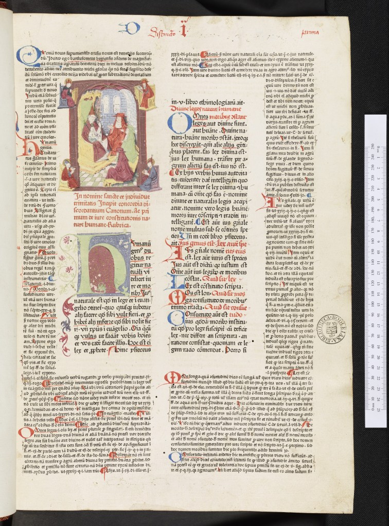 A photograph of Oxford, Bodleian Library, Auct. 4Q 1.7, sig. [a1], which has no printed signature in the lower right-hand corner. The page is elaborately decorated with an illustration, a decorative initial ‘H’, and rubrication in red and blue.